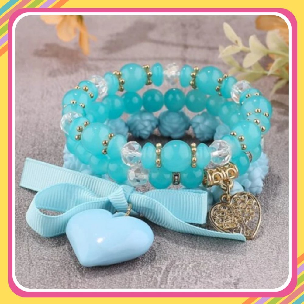 3-Piece Heart Charm Beaded Bracelet